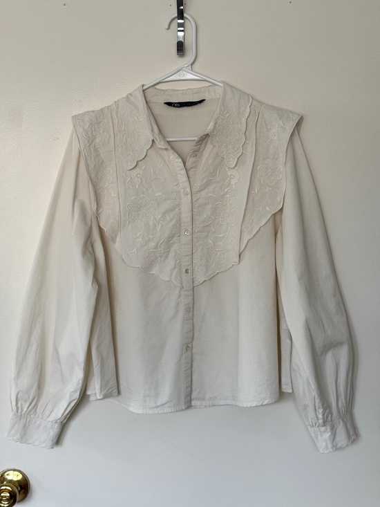 Zara Tops - Zara White Embroidered Peter Pan Collar Cotton Blouse Top Cottagecore French